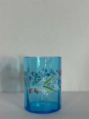 Hand-Painted Blue Glass Vase with Floral Motif
